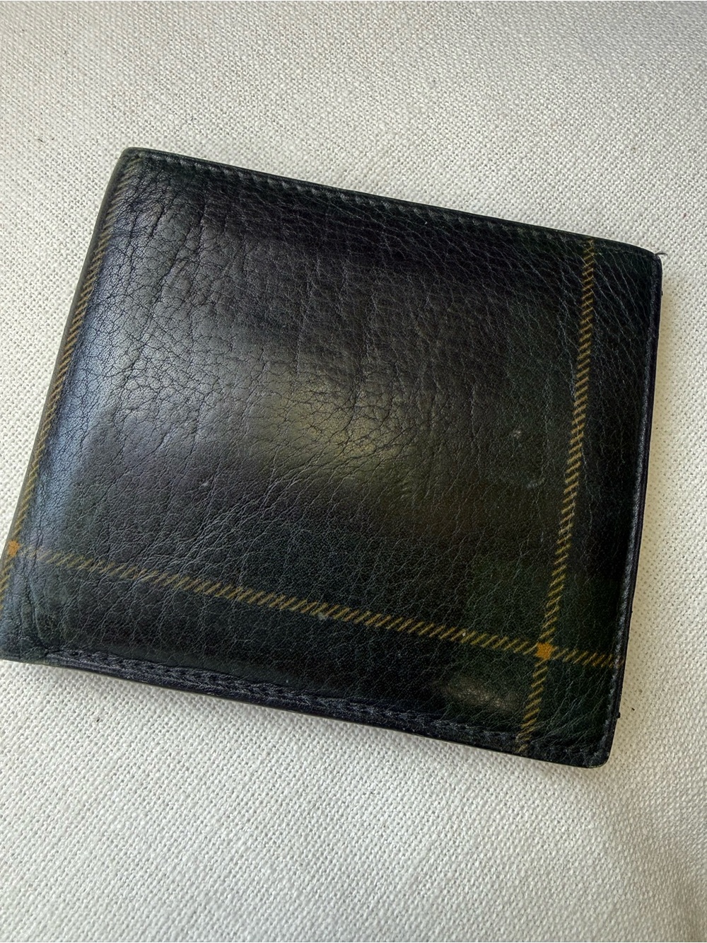 Ralph Lauren Black Leather Bifold Wallet with Subtle Tan Plaid